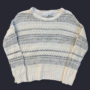 John + Jenn Textured Open Knit Crewneck Sweater Medium Striped Casual Pullover